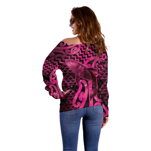 Humpback Whale Matariki New Zealand Off Shoulder Sweater NZ Maori Paikea Poutama Luxury Pink