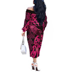 Humpback Whale Matariki New Zealand Off The Shoulder Long Sleeve Dress NZ Maori Paikea Poutama Luxury Pink