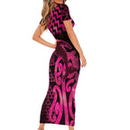 Humpback Whale Matariki New Zealand Short Sleeve Bodycon Dress NZ Maori Paikea Poutama Luxury Pink