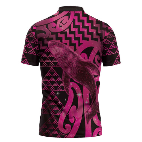 Humpback Whale Matariki New Zealand Zipper Polo Shirt NZ Maori Paikea Poutama Luxury Pink
