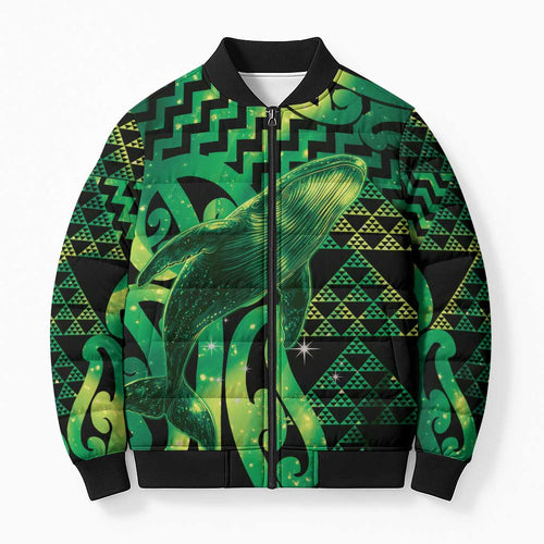 Humpback Whale Matariki New Zealand Bomber Puffer Jacket NZ Maori Paikea Poutama Luxury Green