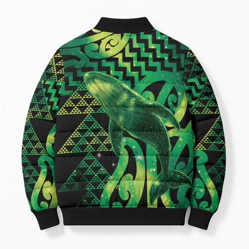 Humpback Whale Matariki New Zealand Bomber Puffer Jacket NZ Maori Paikea Poutama Luxury Green