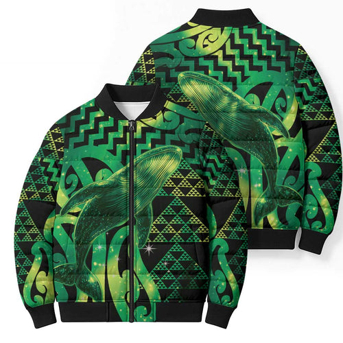 Humpback Whale Matariki New Zealand Bomber Puffer Jacket NZ Maori Paikea Poutama Luxury Green