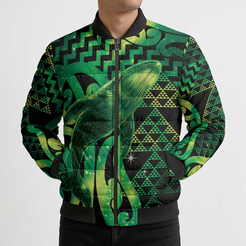 Humpback Whale Matariki New Zealand Bomber Puffer Jacket NZ Maori Paikea Poutama Luxury Green