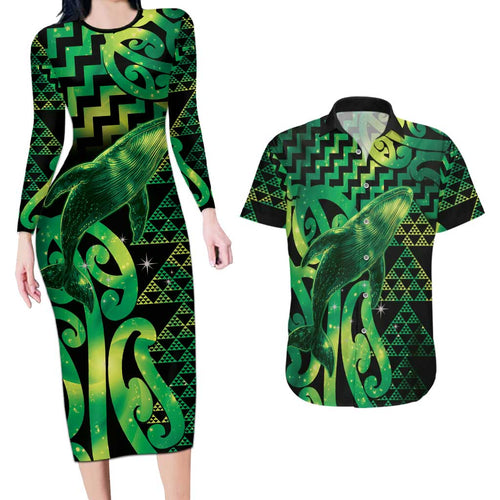 Humpback Whale Matariki New Zealand Couples Matching Long Sleeve Bodycon Dress and Hawaiian Shirt NZ Maori Paikea Poutama Luxury Green