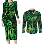 Humpback Whale Matariki New Zealand Couples Matching Long Sleeve Bodycon Dress and Long Sleeve Button Shirt NZ Maori Paikea Poutama Luxury Green
