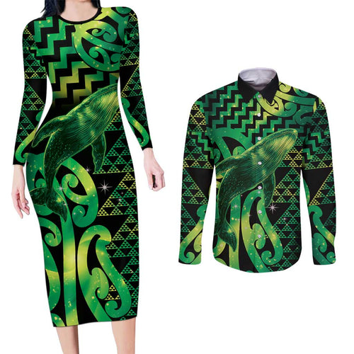 Humpback Whale Matariki New Zealand Couples Matching Long Sleeve Bodycon Dress and Long Sleeve Button Shirt NZ Maori Paikea Poutama Luxury Green