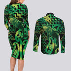 Humpback Whale Matariki New Zealand Couples Matching Long Sleeve Bodycon Dress and Long Sleeve Button Shirt NZ Maori Paikea Poutama Luxury Green