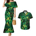 Humpback Whale Matariki New Zealand Couples Matching Mermaid Dress and Hawaiian Shirt NZ Maori Paikea Poutama Luxury Green
