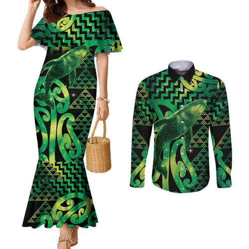 Humpback Whale Matariki New Zealand Couples Matching Mermaid Dress and Long Sleeve Button Shirt NZ Maori Paikea Poutama Luxury Green