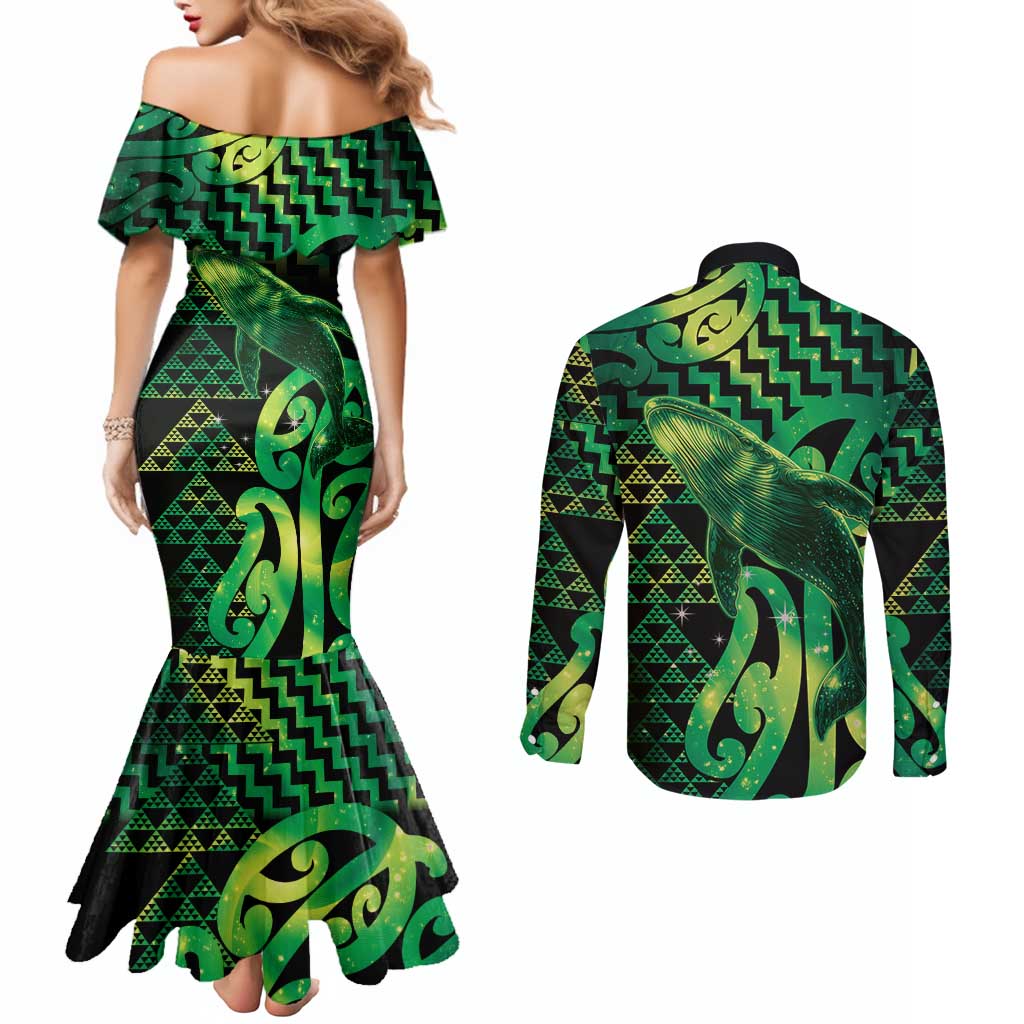 Humpback Whale Matariki New Zealand Couples Matching Mermaid Dress and Long Sleeve Button Shirt NZ Maori Paikea Poutama Luxury Green