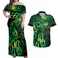 Humpback Whale Matariki New Zealand Couples Matching Off Shoulder Maxi Dress and Hawaiian Shirt NZ Maori Paikea Poutama Luxury Green