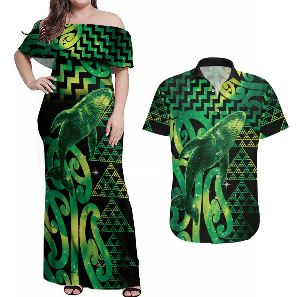 Humpback Whale Matariki New Zealand Couples Matching Off Shoulder Maxi Dress and Hawaiian Shirt NZ Maori Paikea Poutama Luxury Green