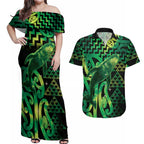 Humpback Whale Matariki New Zealand Couples Matching Off Shoulder Maxi Dress and Hawaiian Shirt NZ Maori Paikea Poutama Luxury Green