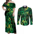 Humpback Whale Matariki New Zealand Couples Matching Off Shoulder Maxi Dress and Long Sleeve Button Shirt NZ Maori Paikea Poutama Luxury Green
