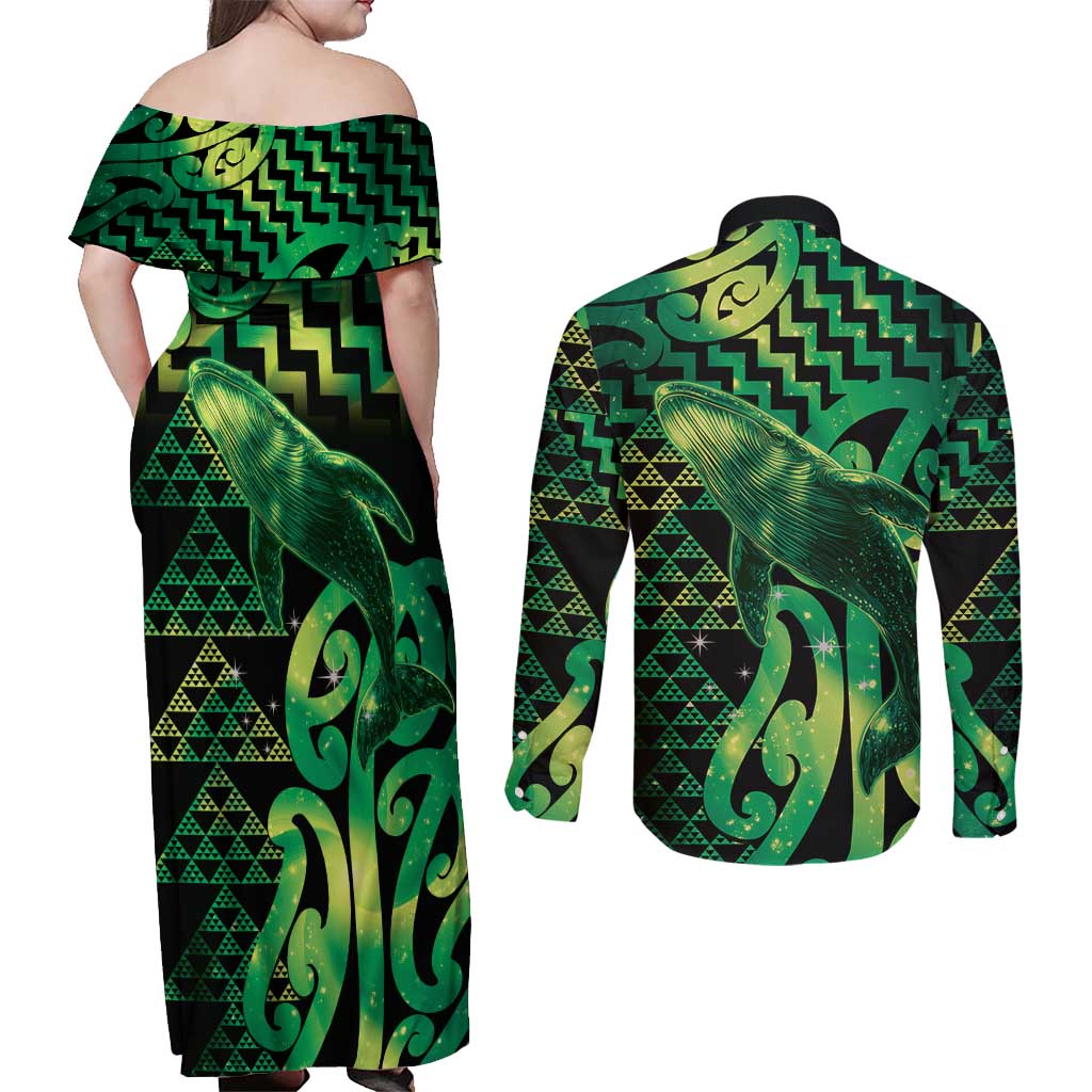Humpback Whale Matariki New Zealand Couples Matching Off Shoulder Maxi Dress and Long Sleeve Button Shirt NZ Maori Paikea Poutama Luxury Green