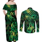 Humpback Whale Matariki New Zealand Couples Matching Off Shoulder Maxi Dress and Long Sleeve Button Shirt NZ Maori Paikea Poutama Luxury Green