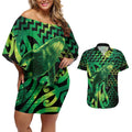 Humpback Whale Matariki New Zealand Couples Matching Off Shoulder Short Dress and Hawaiian Shirt NZ Maori Paikea Poutama Luxury Green