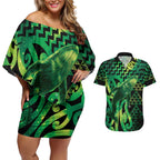 Humpback Whale Matariki New Zealand Couples Matching Off Shoulder Short Dress and Hawaiian Shirt NZ Maori Paikea Poutama Luxury Green