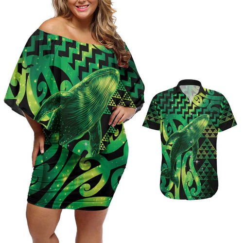 Humpback Whale Matariki New Zealand Couples Matching Off Shoulder Short Dress and Hawaiian Shirt NZ Maori Paikea Poutama Luxury Green