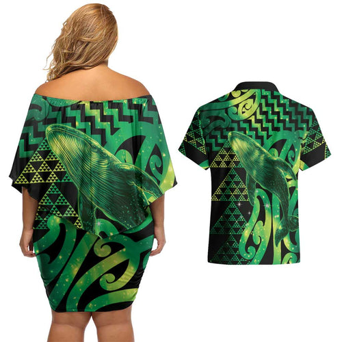 Humpback Whale Matariki New Zealand Couples Matching Off Shoulder Short Dress and Hawaiian Shirt NZ Maori Paikea Poutama Luxury Green