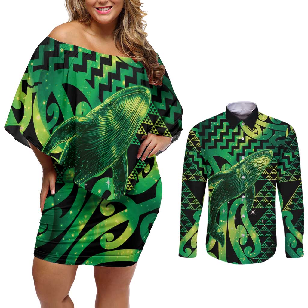 Humpback Whale Matariki New Zealand Couples Matching Off Shoulder Short Dress and Long Sleeve Button Shirt NZ Maori Paikea Poutama Luxury Green