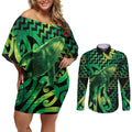 Humpback Whale Matariki New Zealand Couples Matching Off Shoulder Short Dress and Long Sleeve Button Shirt NZ Maori Paikea Poutama Luxury Green