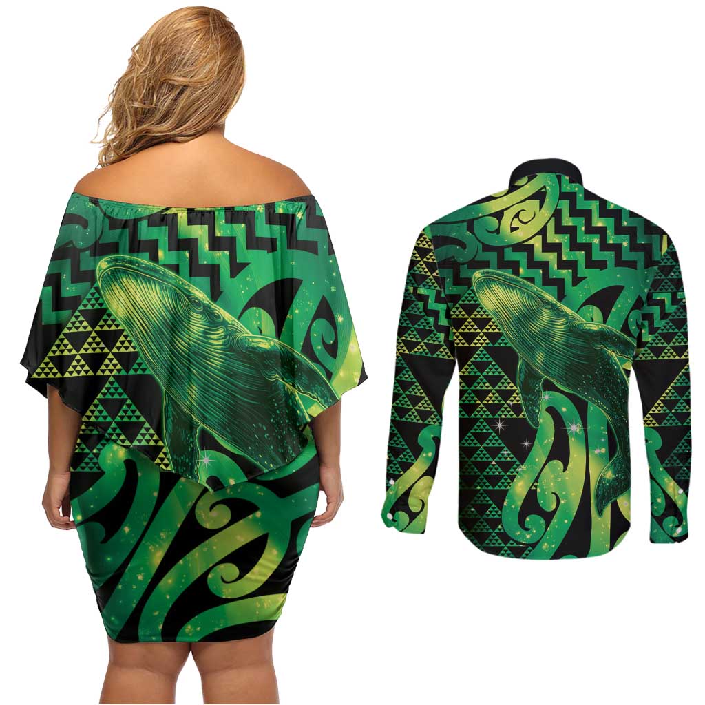 Humpback Whale Matariki New Zealand Couples Matching Off Shoulder Short Dress and Long Sleeve Button Shirt NZ Maori Paikea Poutama Luxury Green