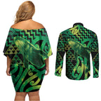 Humpback Whale Matariki New Zealand Couples Matching Off Shoulder Short Dress and Long Sleeve Button Shirt NZ Maori Paikea Poutama Luxury Green
