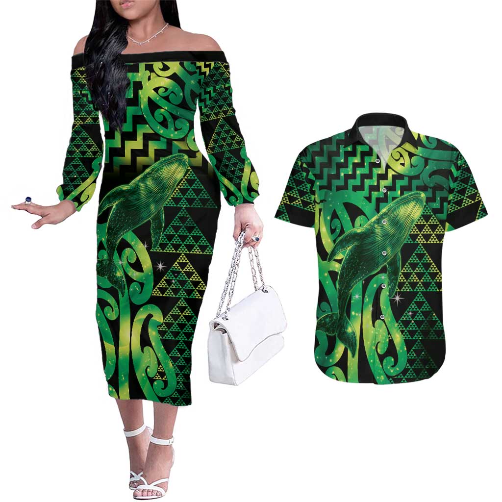 Humpback Whale Matariki New Zealand Couples Matching Off The Shoulder Long Sleeve Dress and Hawaiian Shirt NZ Maori Paikea Poutama Luxury Green