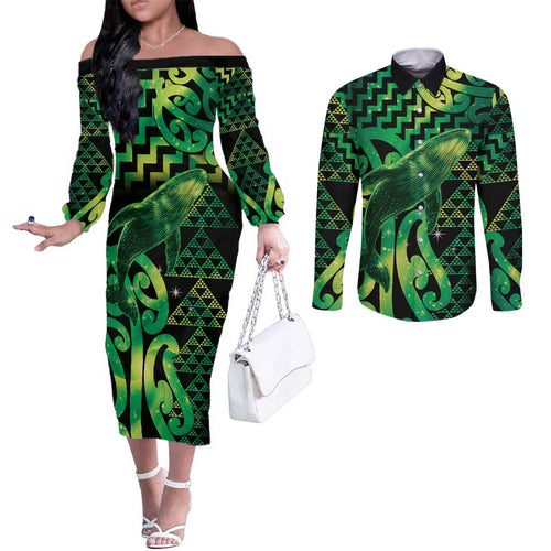 Humpback Whale Matariki New Zealand Couples Matching Off The Shoulder Long Sleeve Dress and Long Sleeve Button Shirt NZ Maori Paikea Poutama Luxury Green