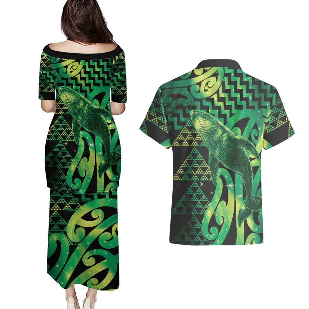 Humpback Whale Matariki New Zealand Couples Matching Puletasi and Hawaiian Shirt NZ Maori Paikea Poutama Luxury Green
