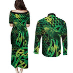 Humpback Whale Matariki New Zealand Couples Matching Puletasi and Long Sleeve Button Shirt NZ Maori Paikea Poutama Luxury Green