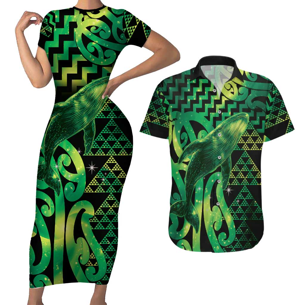 Humpback Whale Matariki New Zealand Couples Matching Short Sleeve Bodycon Dress and Hawaiian Shirt NZ Maori Paikea Poutama Luxury Green