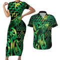 Humpback Whale Matariki New Zealand Couples Matching Short Sleeve Bodycon Dress and Hawaiian Shirt NZ Maori Paikea Poutama Luxury Green