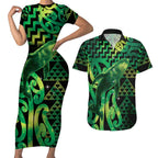 Humpback Whale Matariki New Zealand Couples Matching Short Sleeve Bodycon Dress and Hawaiian Shirt NZ Maori Paikea Poutama Luxury Green