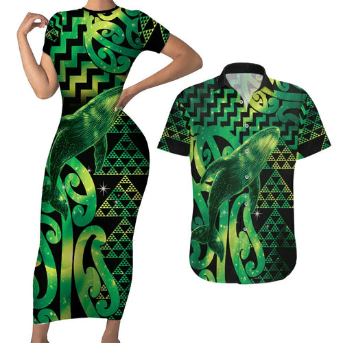 Humpback Whale Matariki New Zealand Couples Matching Short Sleeve Bodycon Dress and Hawaiian Shirt NZ Maori Paikea Poutama Luxury Green