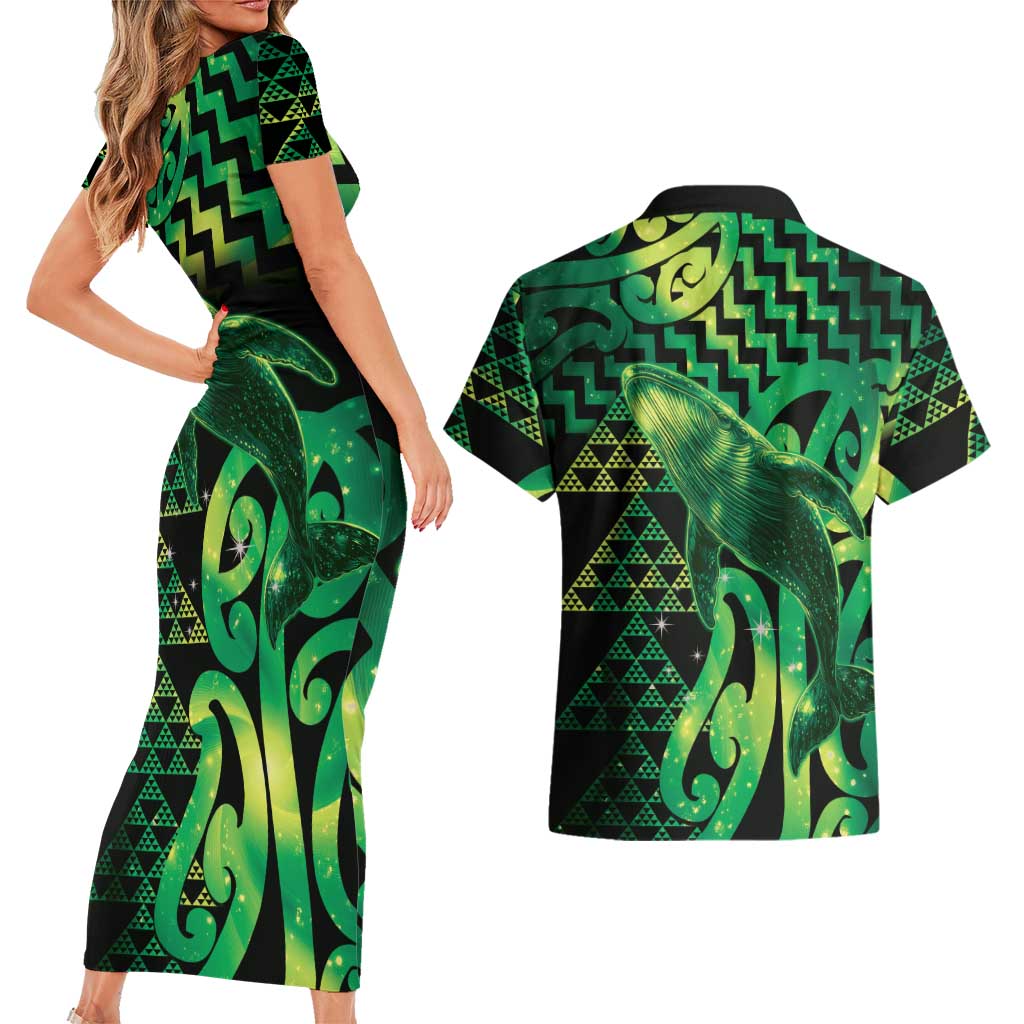 Humpback Whale Matariki New Zealand Couples Matching Short Sleeve Bodycon Dress and Hawaiian Shirt NZ Maori Paikea Poutama Luxury Green