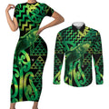 Humpback Whale Matariki New Zealand Couples Matching Short Sleeve Bodycon Dress and Long Sleeve Button Shirt NZ Maori Paikea Poutama Luxury Green