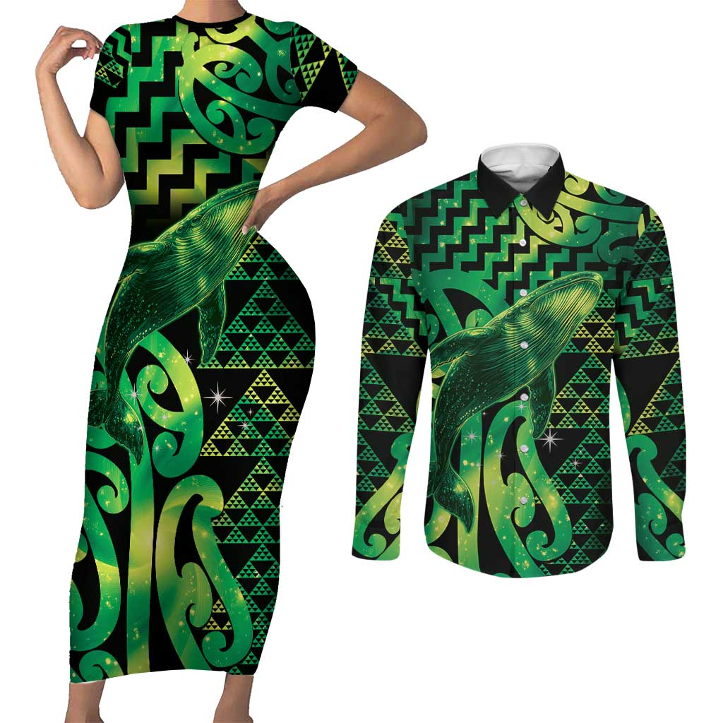 Humpback Whale Matariki New Zealand Couples Matching Short Sleeve Bodycon Dress and Long Sleeve Button Shirt NZ Maori Paikea Poutama Luxury Green