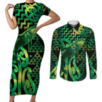 Humpback Whale Matariki New Zealand Couples Matching Short Sleeve Bodycon Dress and Long Sleeve Button Shirt NZ Maori Paikea Poutama Luxury Green
