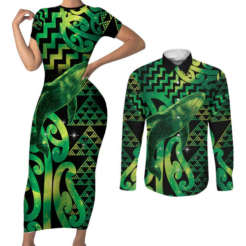 Humpback Whale Matariki New Zealand Couples Matching Short Sleeve Bodycon Dress and Long Sleeve Button Shirt NZ Maori Paikea Poutama Luxury Green