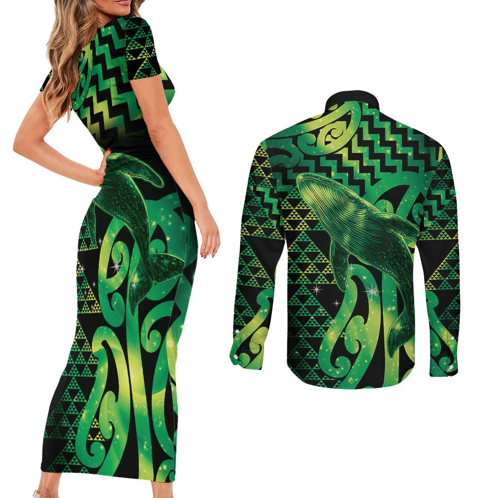 Humpback Whale Matariki New Zealand Couples Matching Short Sleeve Bodycon Dress and Long Sleeve Button Shirt NZ Maori Paikea Poutama Luxury Green