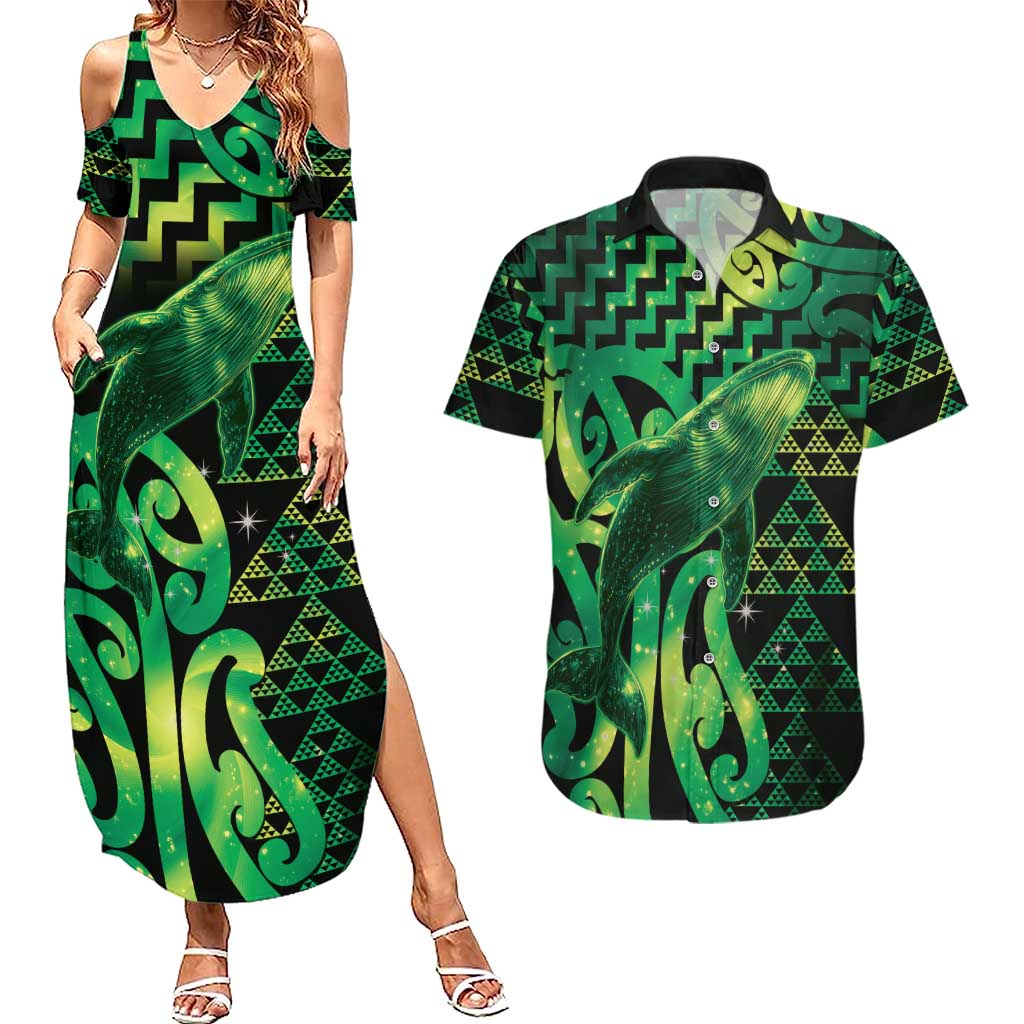 Humpback Whale Matariki New Zealand Couples Matching Summer Maxi Dress and Hawaiian Shirt NZ Maori Paikea Poutama Luxury Green