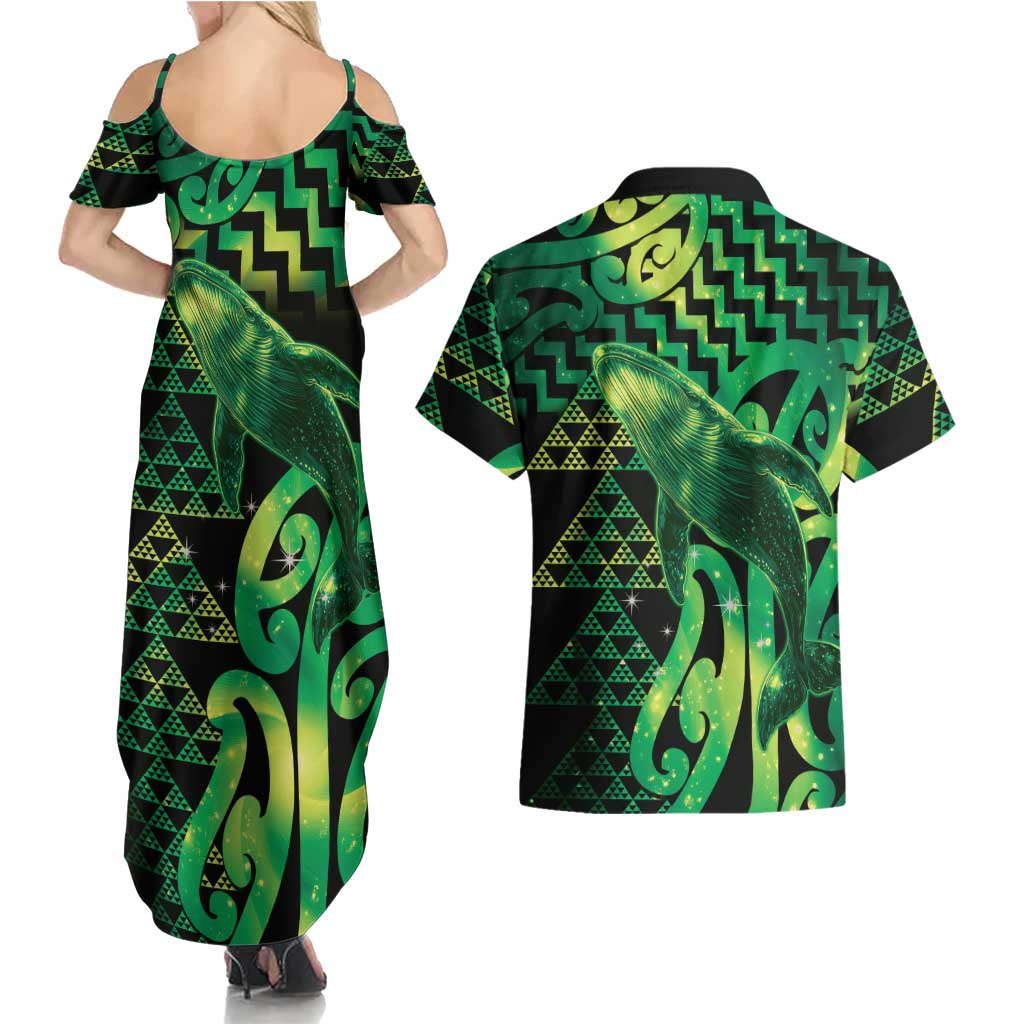 Humpback Whale Matariki New Zealand Couples Matching Summer Maxi Dress and Hawaiian Shirt NZ Maori Paikea Poutama Luxury Green