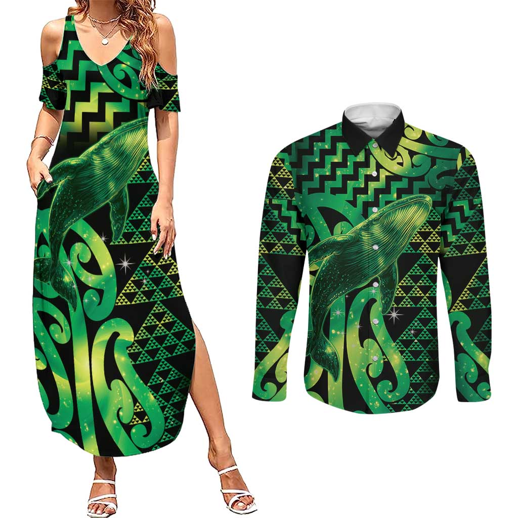 Humpback Whale Matariki New Zealand Couples Matching Summer Maxi Dress and Long Sleeve Button Shirt NZ Maori Paikea Poutama Luxury Green