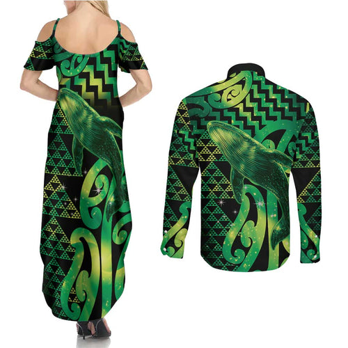 Humpback Whale Matariki New Zealand Couples Matching Summer Maxi Dress and Long Sleeve Button Shirt NZ Maori Paikea Poutama Luxury Green