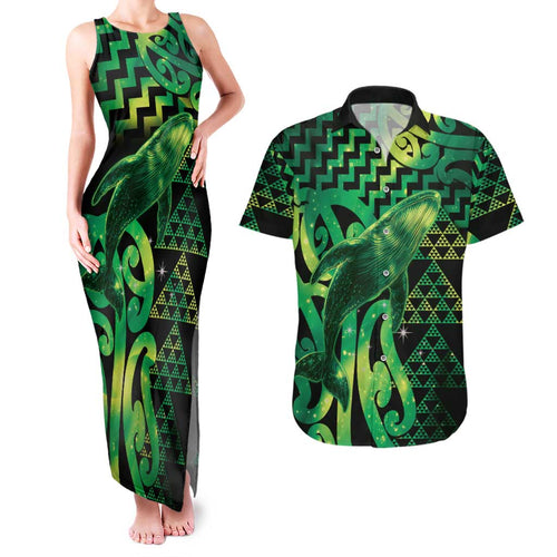 Humpback Whale Matariki New Zealand Couples Matching Tank Maxi Dress and Hawaiian Shirt NZ Maori Paikea Poutama Luxury Green