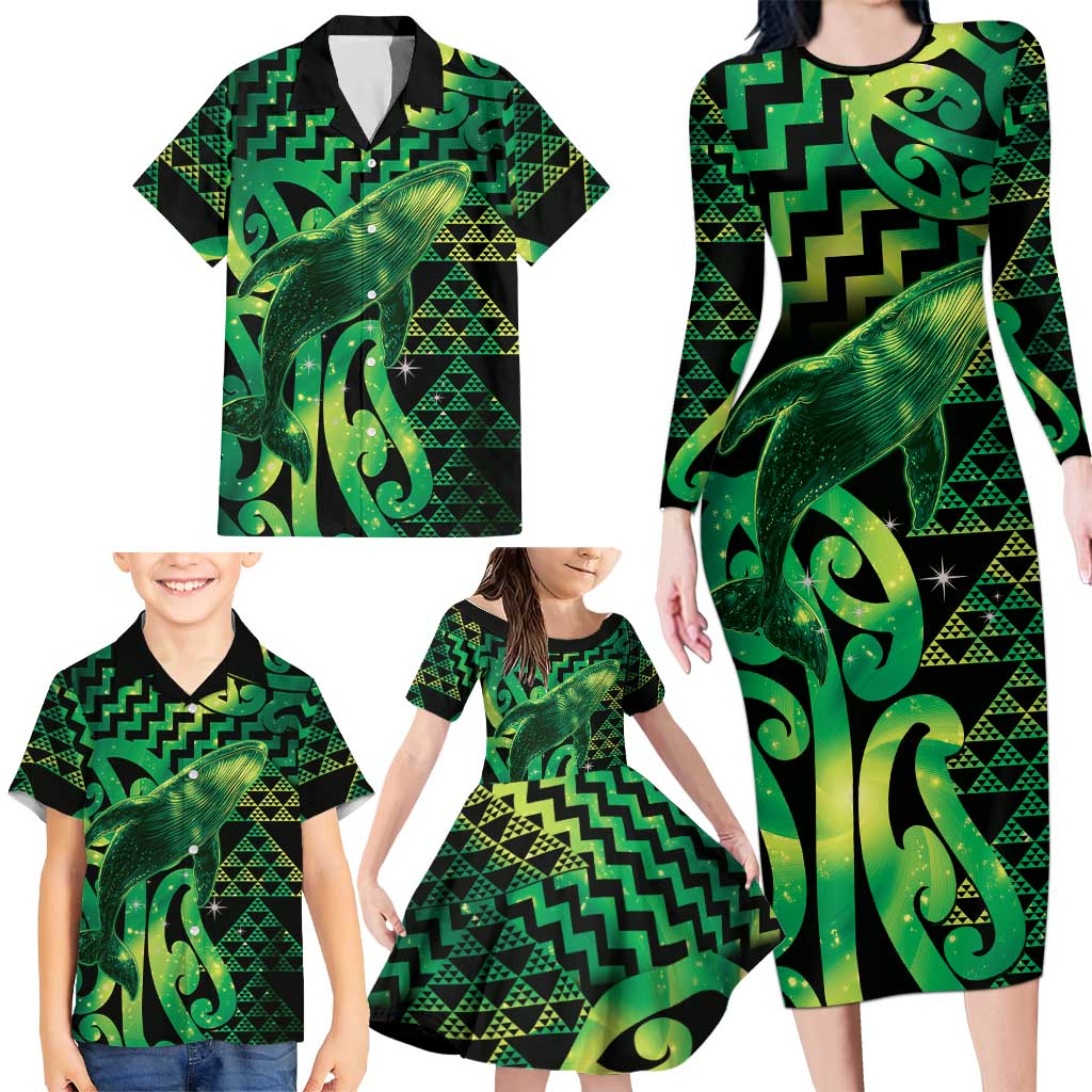 Humpback Whale Matariki New Zealand Family Matching Long Sleeve Bodycon Dress and Hawaiian Shirt NZ Maori Paikea Poutama Luxury Green