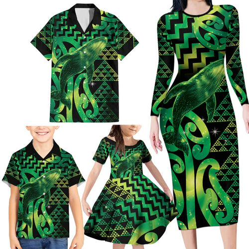 Humpback Whale Matariki New Zealand Family Matching Long Sleeve Bodycon Dress and Hawaiian Shirt NZ Maori Paikea Poutama Luxury Green